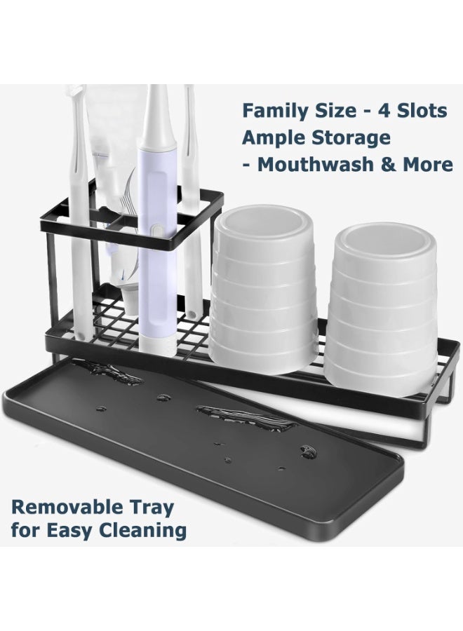 Toothbrush Holder for Bathroom, Metal Countertop Electric Toothbrush Holder with Toothpaste Holder and Cup Storage Organizer, Bathroom Accessories Removable Drain Tray, Black - Image 4